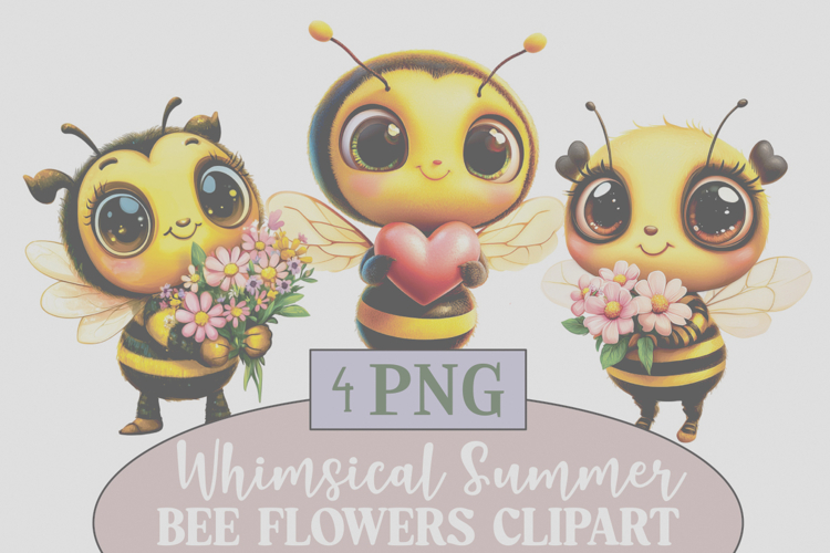 whimsical bee flowers clipart Png