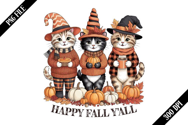 Happy Fall Y'all Autumn Cats PNG Designs example image 1