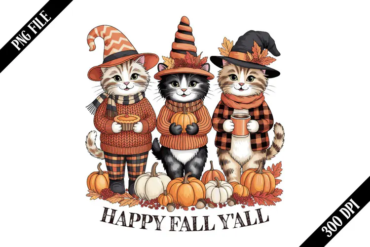 Happy Fall Y'all Autumn Cats PNG Designs