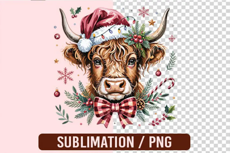 Coquette Christmas Highland Cow PNG Designs