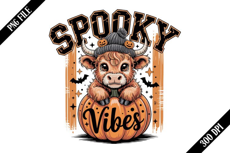 Stripes Retro Halloween Highland Cow PNG Designs example image 1