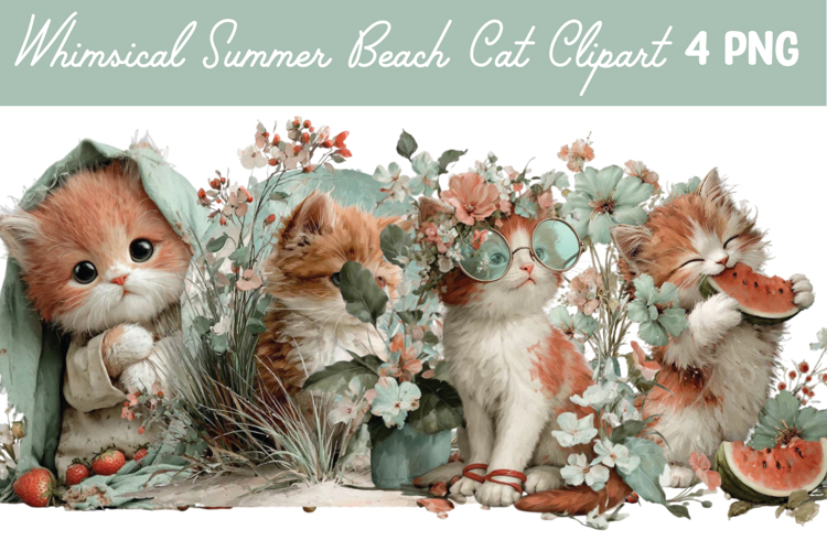 Whimsical Summer Beach Cat Clipart Png