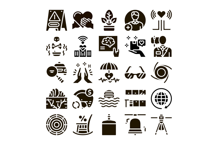 Healthcare industry and environmental protection glyph icons