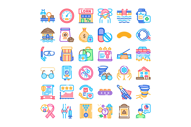Diverse collection of linear outline flat icons presenting v