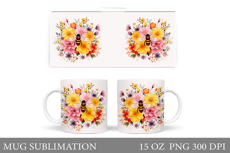 Bee Mug Sublimation. Flowers Mug Design