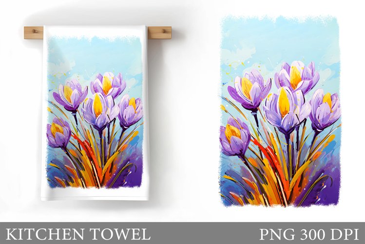 Crocus Kitchen Towel Design. Spring Flowers Kitchen Towel