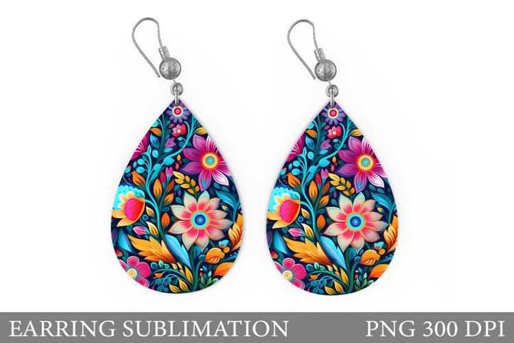 Flowers Teardrop Earring. Neon Flowers Earring Sublimation example image 1