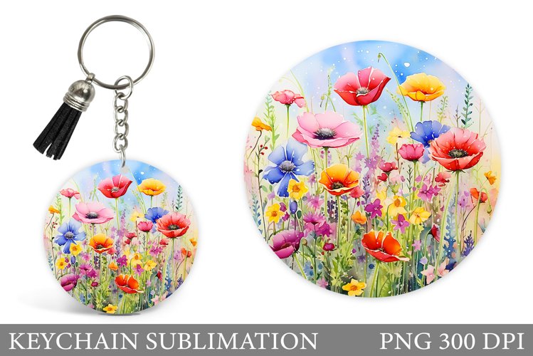 Wildflowers Keychain Design. Flowers Watercolor Keychain