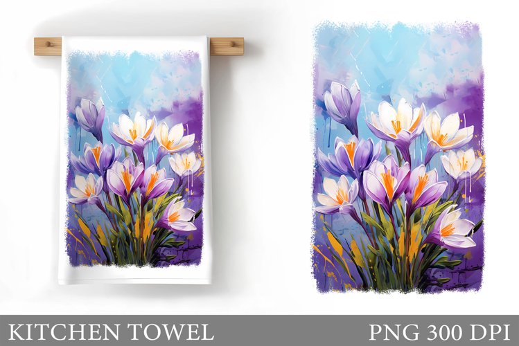 Crocus Flowers Kitchen Towel. Spring Kitchen Towel Design