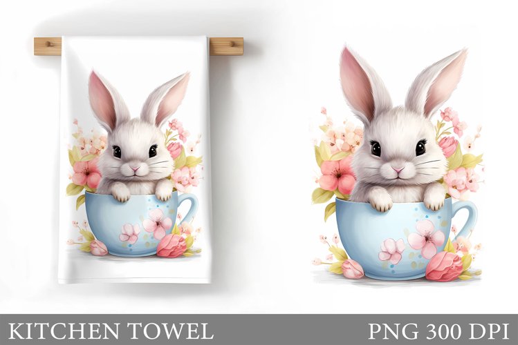 Bunny In Mug Kitchen Towel. Spring Bunny Kitchen Towel