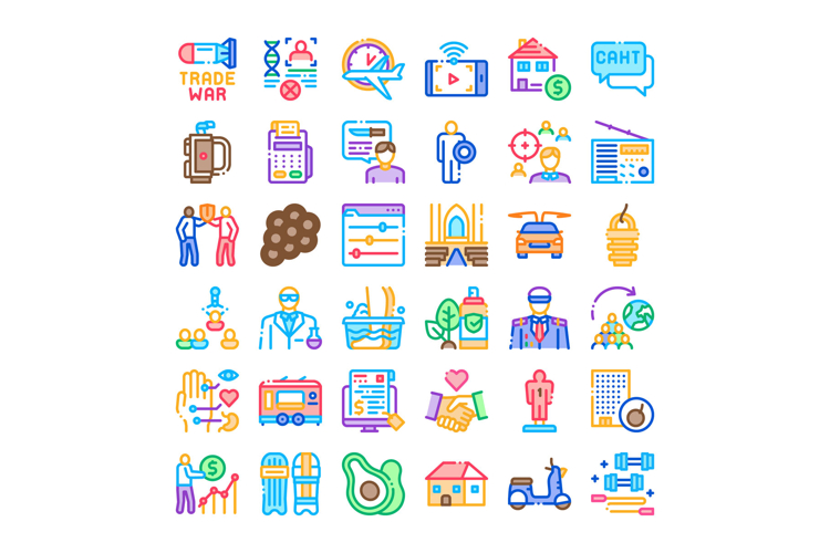 Collection of business, technology, and health icons