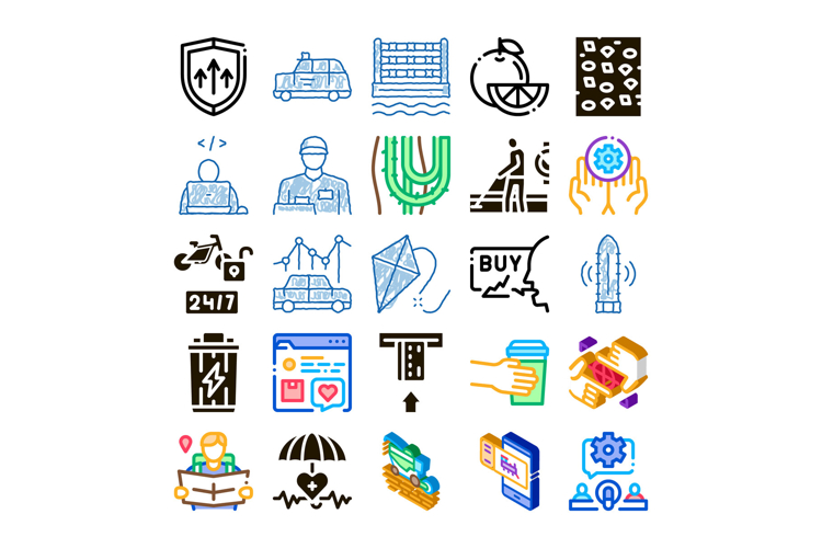 Collection of various modern digital and business icons