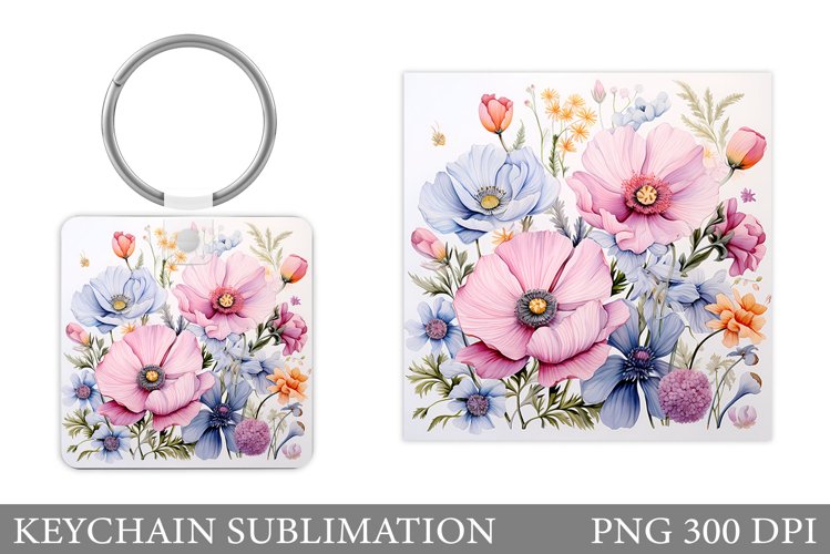 Wildflowers Keychain Design. Square Keychain Flowers