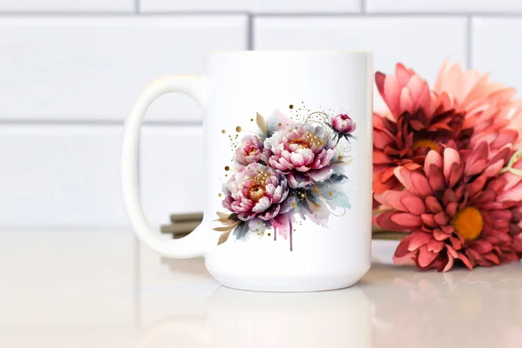 Abstract Shiny Peonies with Golden Insertions Watercolor