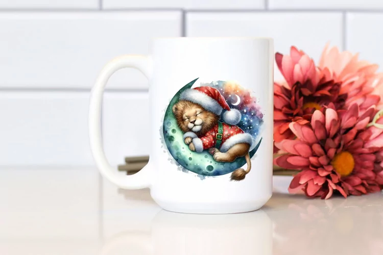 Watercolor Baby Lion Dressed Christmas