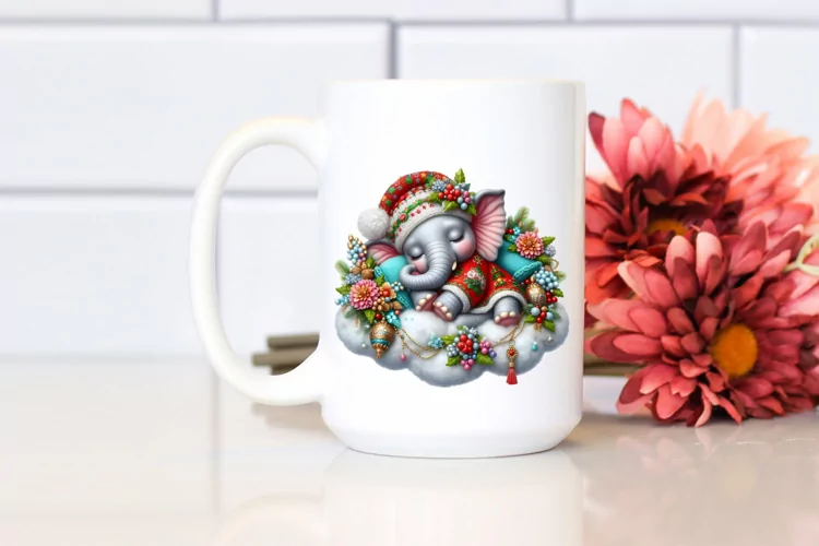 Vibrant Baby Elephant Dressed for Christmass Sleeping on the