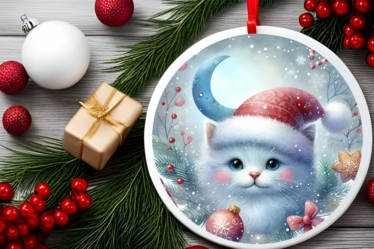 Colorful Christmas Cat Round Ornament Sublimation PNG