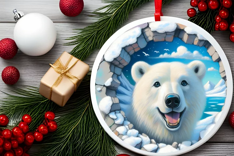 Snow Made Wall with Smiling Polar Bear Round Ornament
