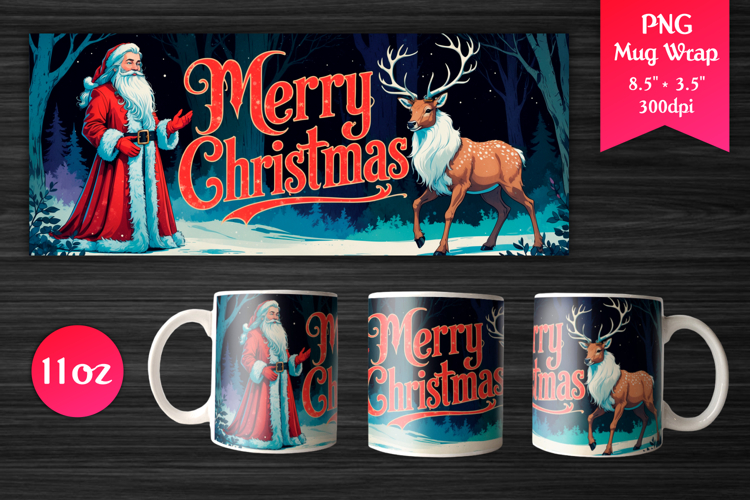 Santa and Deer Christmas 11oz Mug Wrap | Merry Christmas PNG