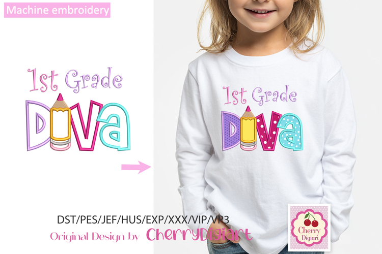 Back to School 1st Grade Diva Applique Embroidery Design
