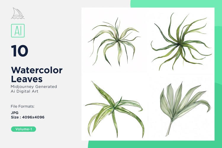 Aloe Vera, Air Plant, Areca Palm Leaves Watercolour