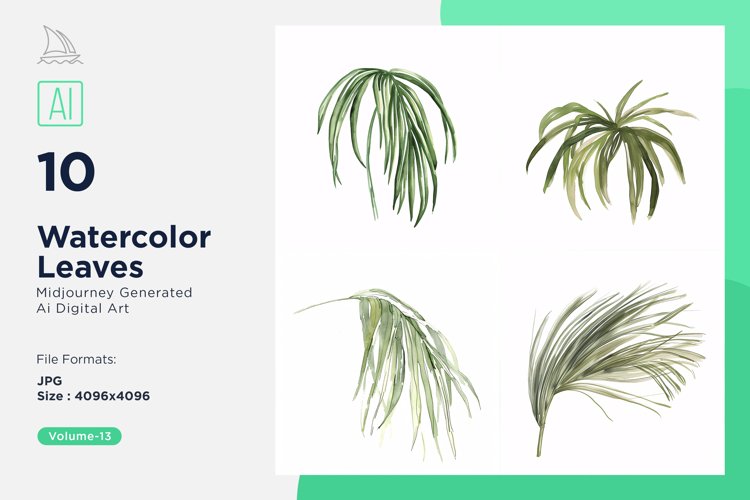 Ponytail Palm_leaf, Pothos, Rubber Leaves Watercolor