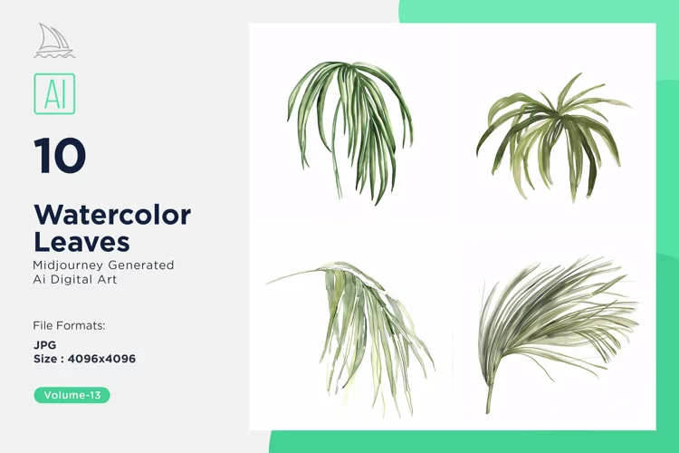 Ponytail Palm_leaf, Pothos, Rubber Leaves Watercolor
