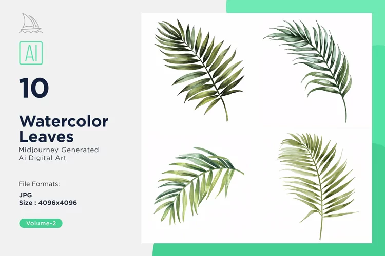 Areca Palm, Aspidistra Leaves Watercolour