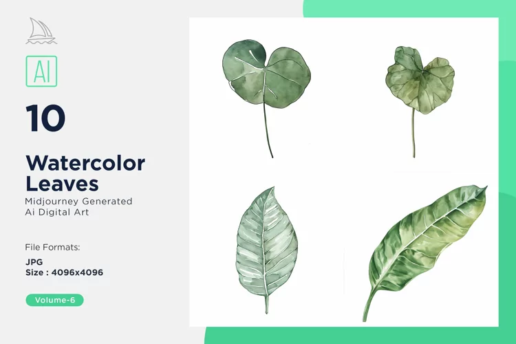 Chinese Money Plant, Croton, Dieffenbachia Leaves Watercolor
