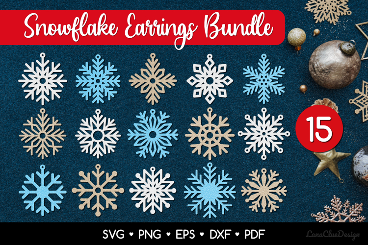 15 Snowflake Earrings SVG Bundle, Christmas Jewelry Template