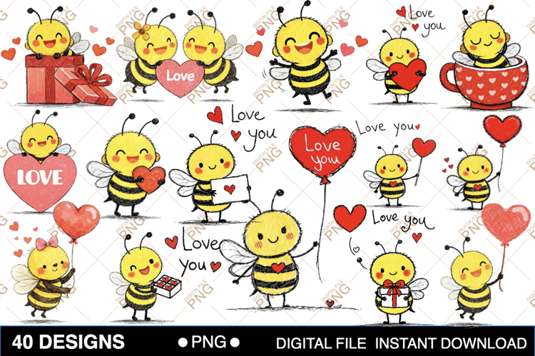 Cute Valentine Bee Clipart PNG Bundle | Hand Drawn Love Bee