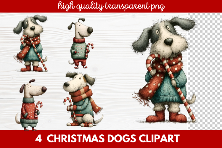 4 Christmas Dogs Clipart | Cute Holiday Puppy PNG Illustrati
