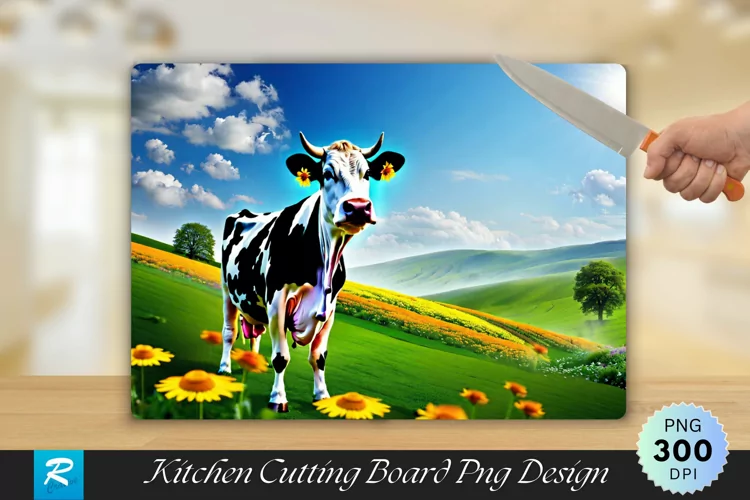 Cow Standing in a Field of Flowers Cutting Board PNG Design