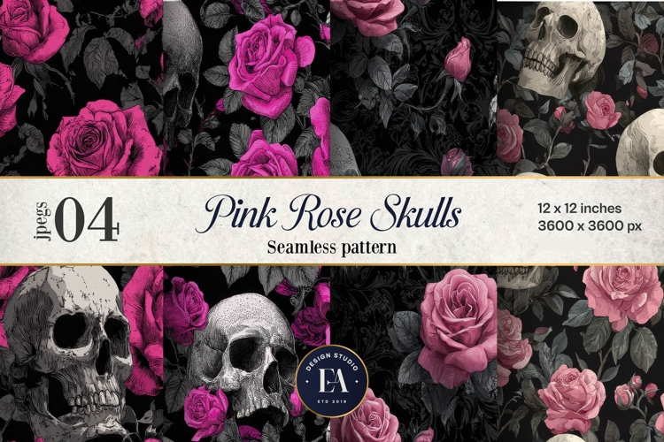 Pink Rose Skull Pattern, Gothic Floral Skull Digital Paper