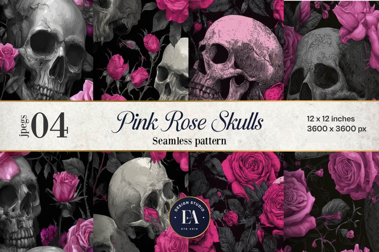 Pink Rose Skull Pattern, Gothic Floral Skull Digital Paper