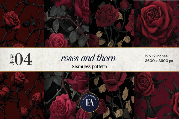 Gothic Rose Digital Paper, Dark Floral Seamless Pattern