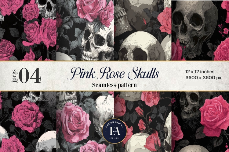 Pink Rose Skull Pattern, Gothic Floral Skull Digital Paper
