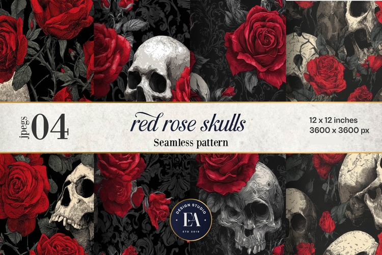 Red Rose Skull Pattern, Gothic Floral Skull Digital Paper