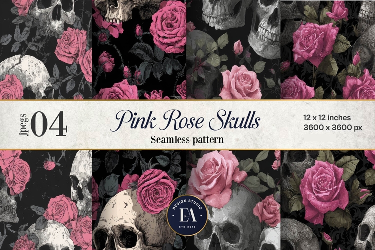 Pink Rose Skull Pattern, Gothic Floral Skull Digital Paper