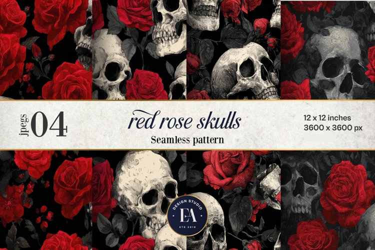 Red Rose Skull Pattern, Gothic Floral Skull Digital Paper