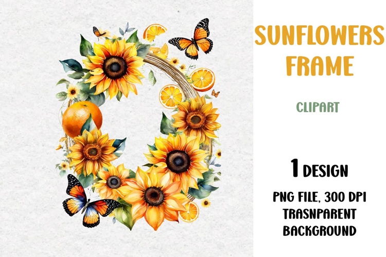 Watercolor Sunflowers Frame, PNG