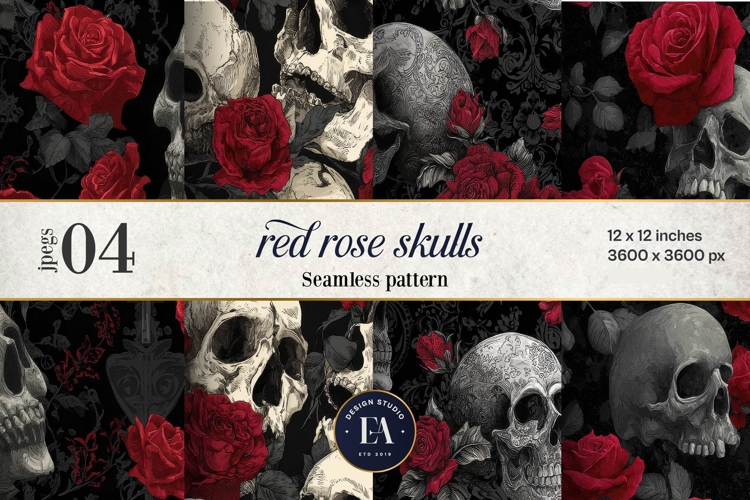 Red Rose Skull Pattern, Gothic Floral Skull Digital Paper
