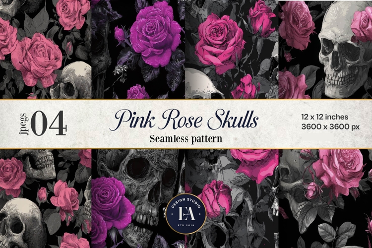 Pink Rose Skull Pattern, Gothic Floral Skull Digital Paper