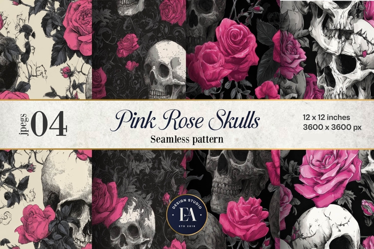 Pink Rose Skull Pattern, Gothic Floral Skull Digital Paper