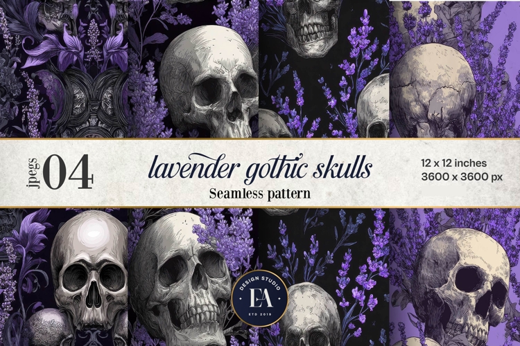 Lavender Gothic Skull Pattern, Purple Floral Skull Paper