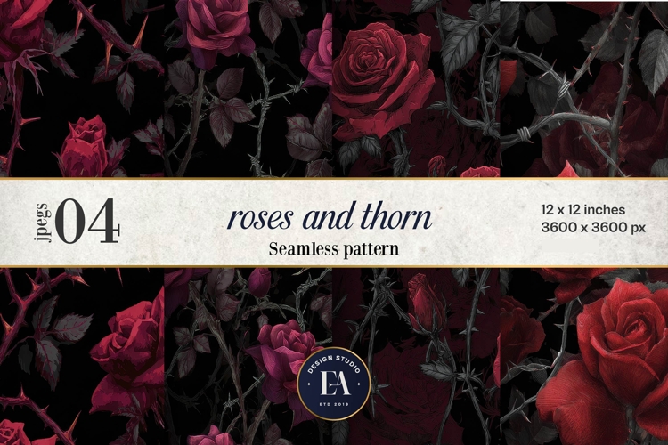 Gothic Rose Digital Paper, Dark Floral Seamless Pattern