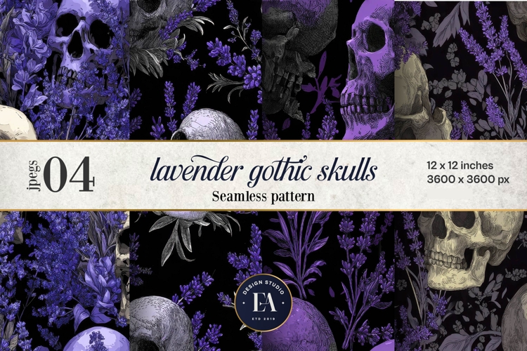 Lavender Gothic Skull Pattern, Purple Floral Skull Paper