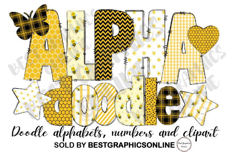 Bee Honey Doodle Alphabet Letters Numbers and Clipart