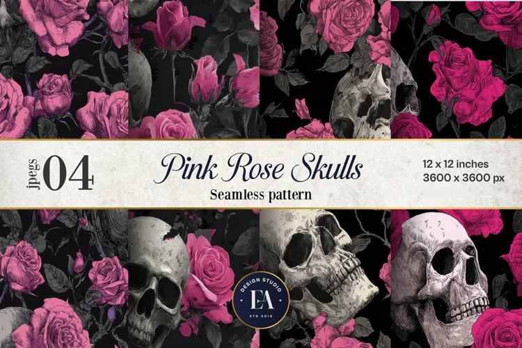 Pink Rose Skull Pattern, Gothic Floral Skull Digital Paper