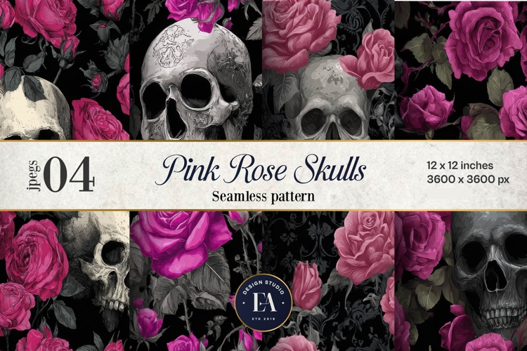 Pink Rose Skull Pattern, Gothic Floral Skull Digital Paper